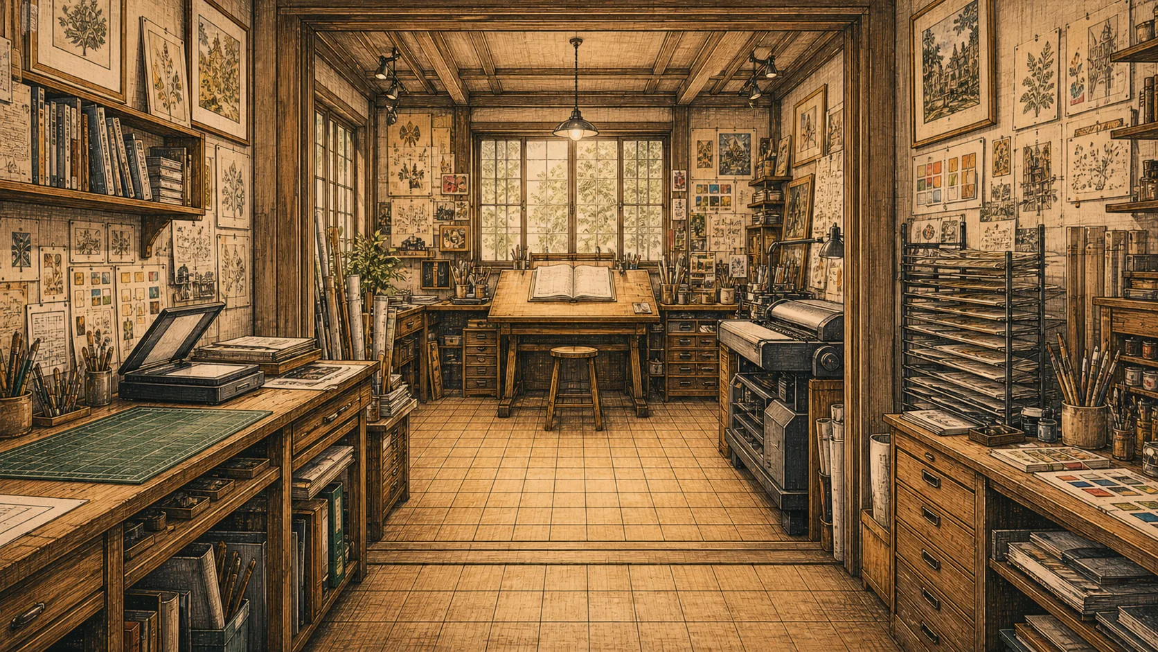 線画と画材に囲まれたMIXORAの制作室